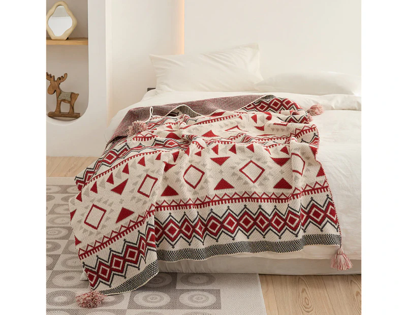 Knitted Blanket Vintage Tassel Boho Ethnic Style Geometric Pattern Knitted Blanket, Throw Blanket Sofa Couch Bed Shawl Blanket-Turing red