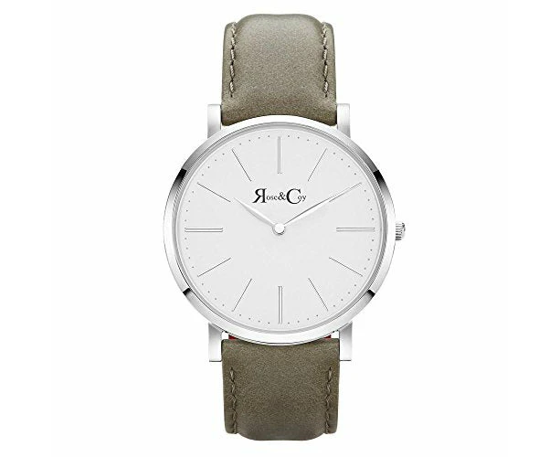 Rose & Coy Men's Quartz Pinnacle Ultra Slim 40mm White Dial Watch with Silver Case with Grey Leather Strap analog Display and Leather Strap, RC0702