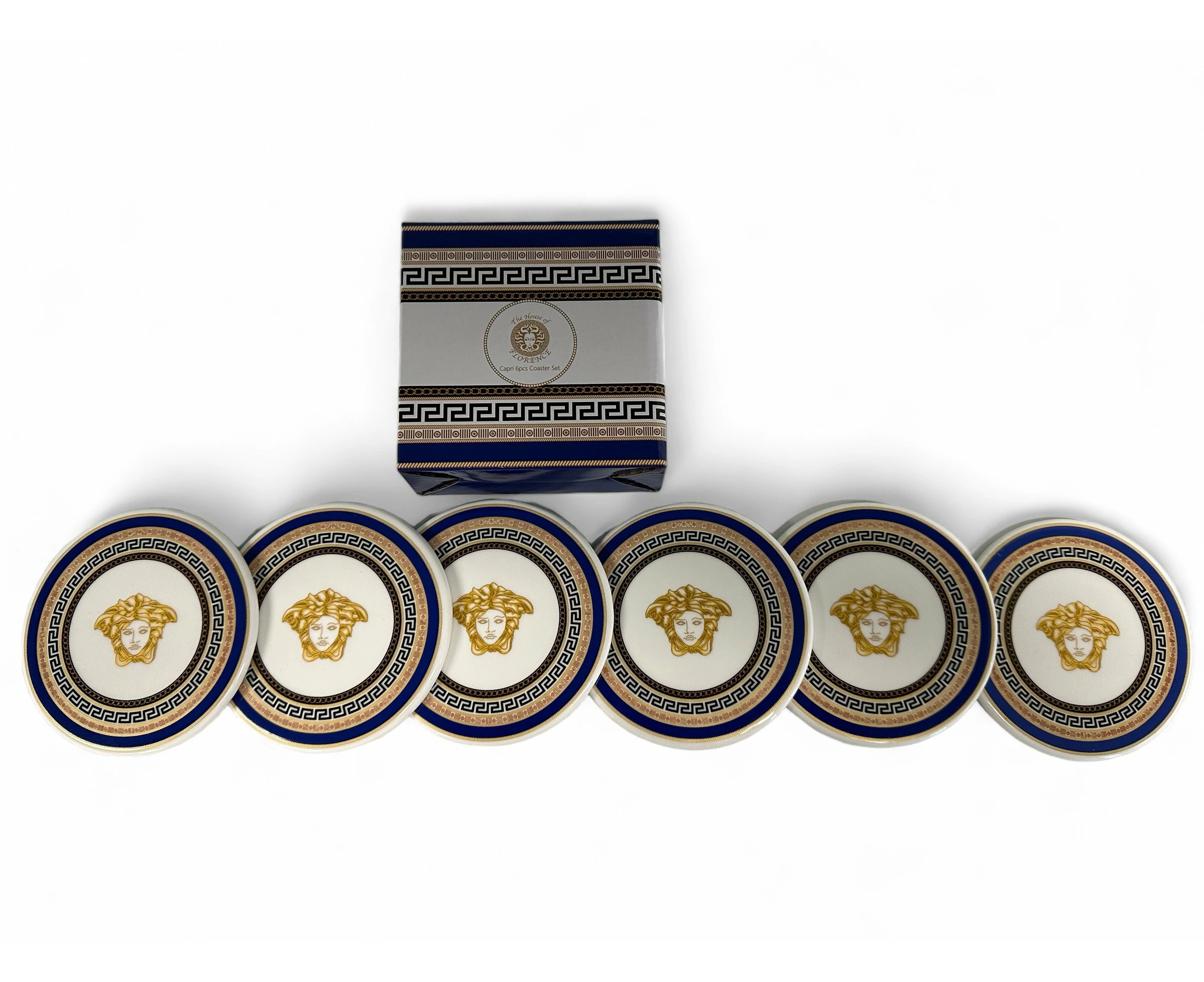 The House of Florence Capri Blue Medusa Mediterranean 8.5cm 6 pcs Coaster Set with Gift Box