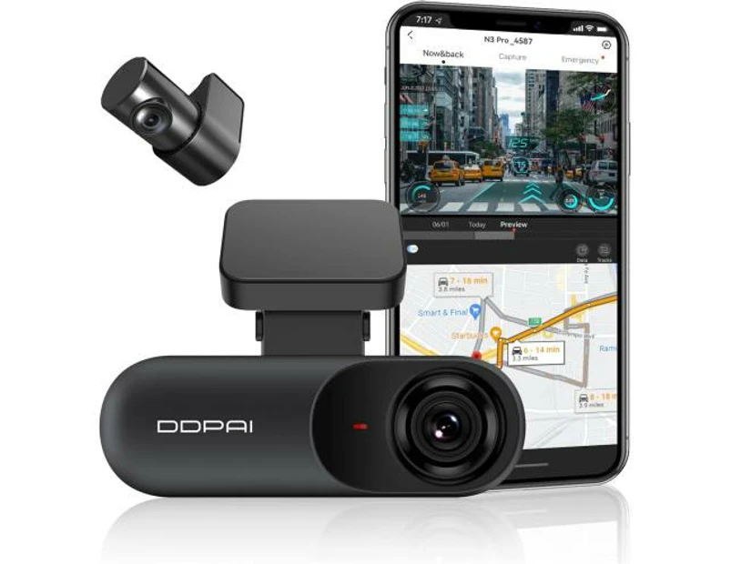 DDPai N3 PRO GPS Dash Cam Record Front 1600p / 2.5K Rear 1080P FHD - 30fps - Loop Recording - External SD Card upto 128GB [N3 PRO GPS]