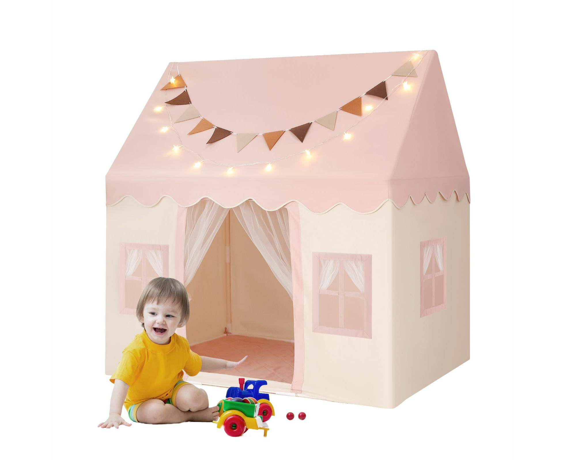 Kids Playhouse Play Tent Childrens Toys Princess Castle Pink Boys Girls Indoor Outdoor Room House with Mat Star Lights Banner 1 Door 3 Windows Catch