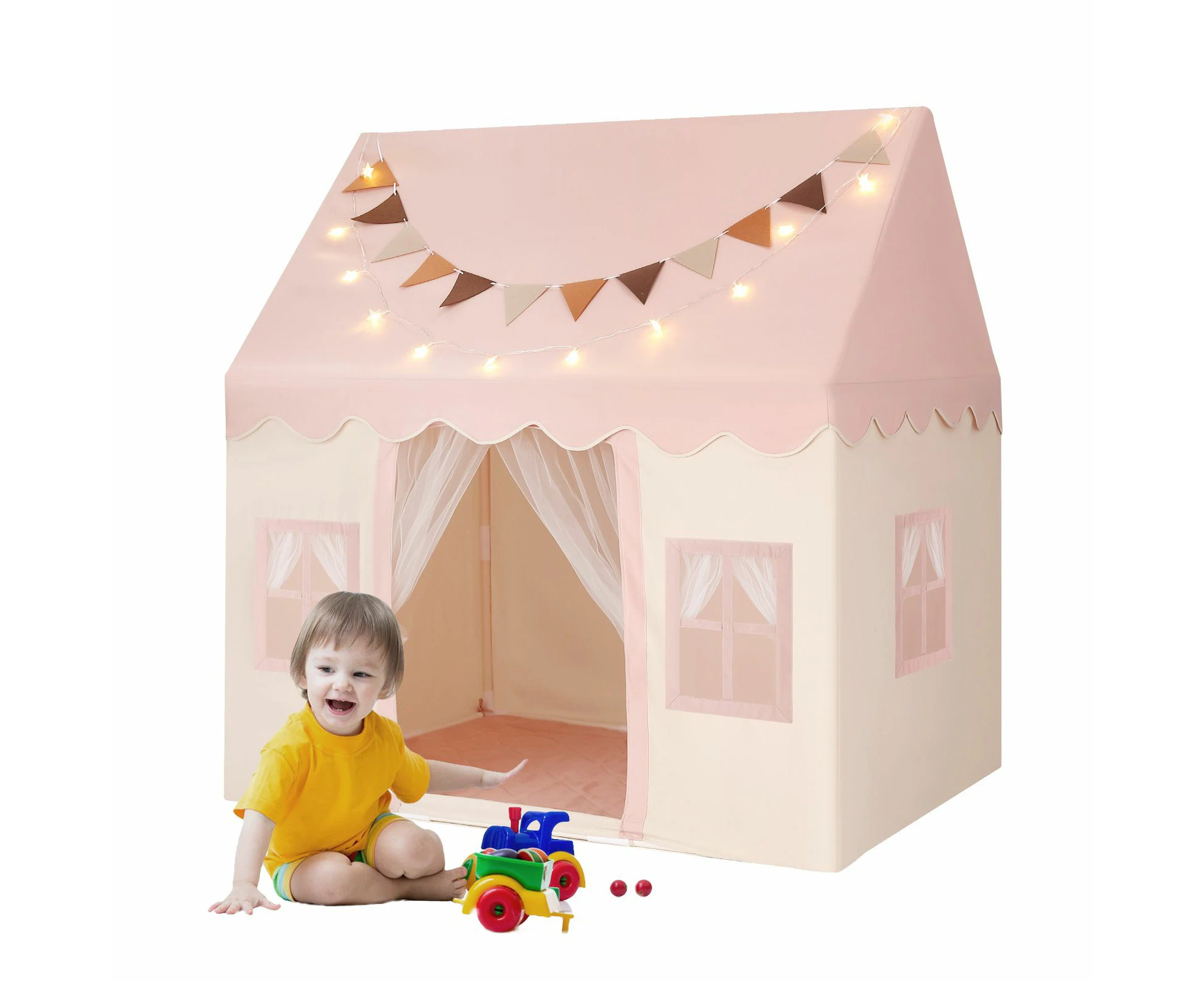 Kids Playhouse Play Tent Childrens Toys Princess Castle Pink Boys Girls Indoor Outdoor Room House with Mat Star Lights Banner 1 Door 3 Windows