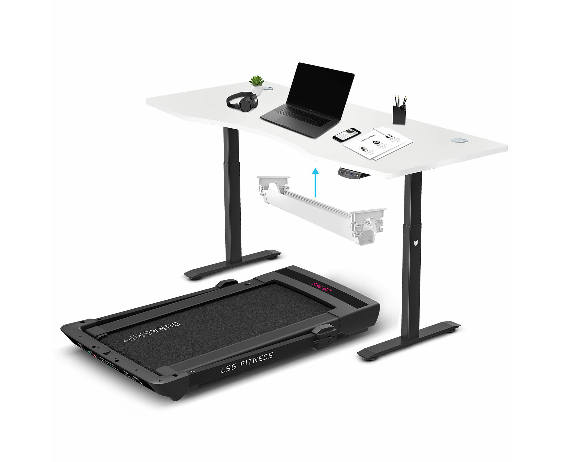 LSG Fitness Pacer M5 with Dual Motor Automatic Standing Desk 180cm in White/Black and Cable Management Treadmill Run Walk Cardio Home Gym Treadmills