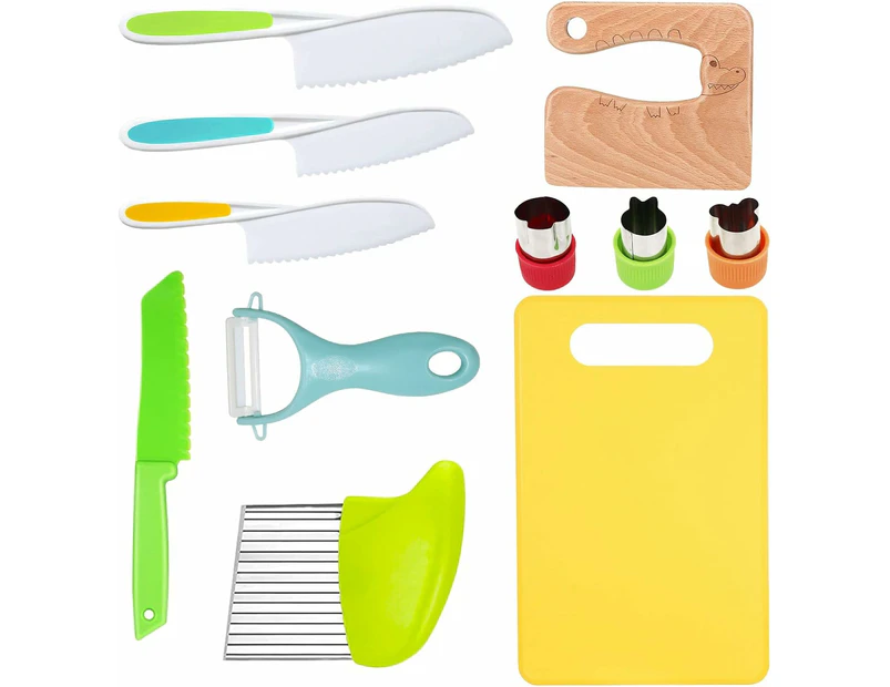 Kids Wooden Kitchen Knife Set with Safe Serrated Edges and Accessories