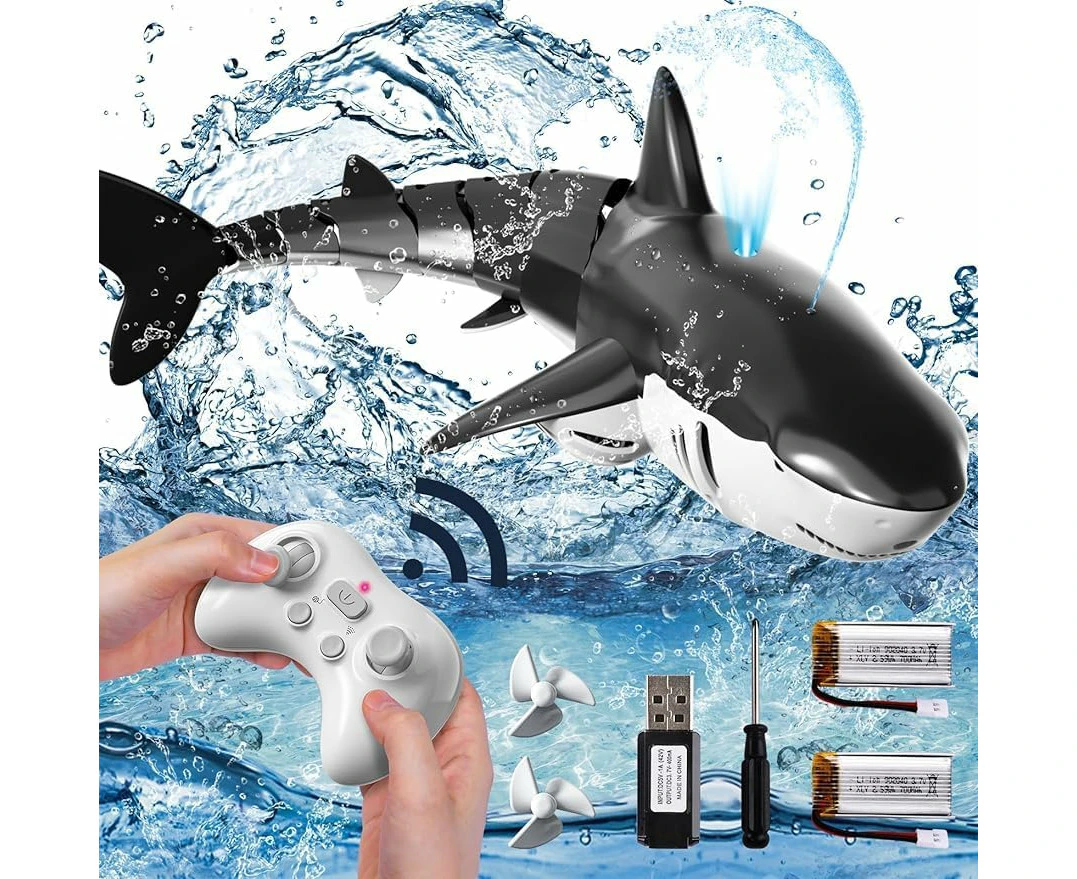 2.4Ghz Remote Control Shark Toys for Boys Kids, 1:18 Scale High Simulation Shark for Pool, Electric RC Shark Fish Toys with Light & Spray Water Function