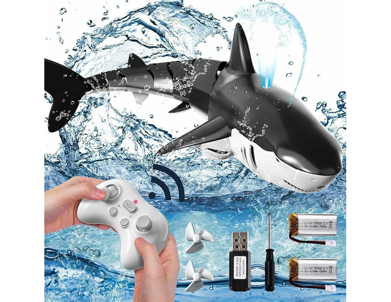 2.4Ghz Remote Control Shark Toys for Boys Kids, 1:18 Scale High Simulation Shark for Pool, Electric RC Shark Fish Toys with Light & Spray Water Function