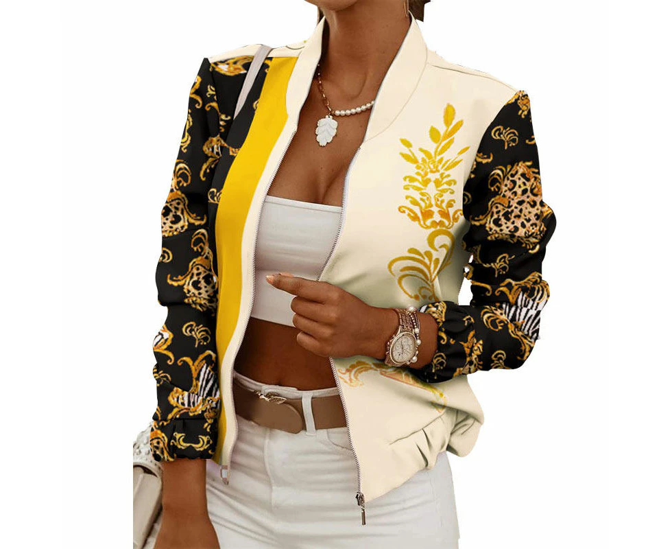 Lookbook Womens Cropped Bomber Jacket Zip Casual Print Lightweight Coat-Black Yellow