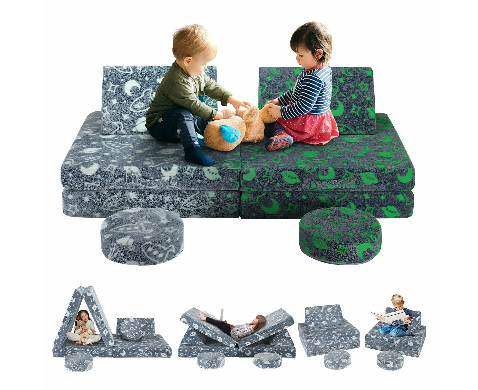 Modular Kids Sofa Set 8Pcs Play Couch Convertible Lounge Chair Folding Toddler Playset Sectional Cushion Glowing Cover