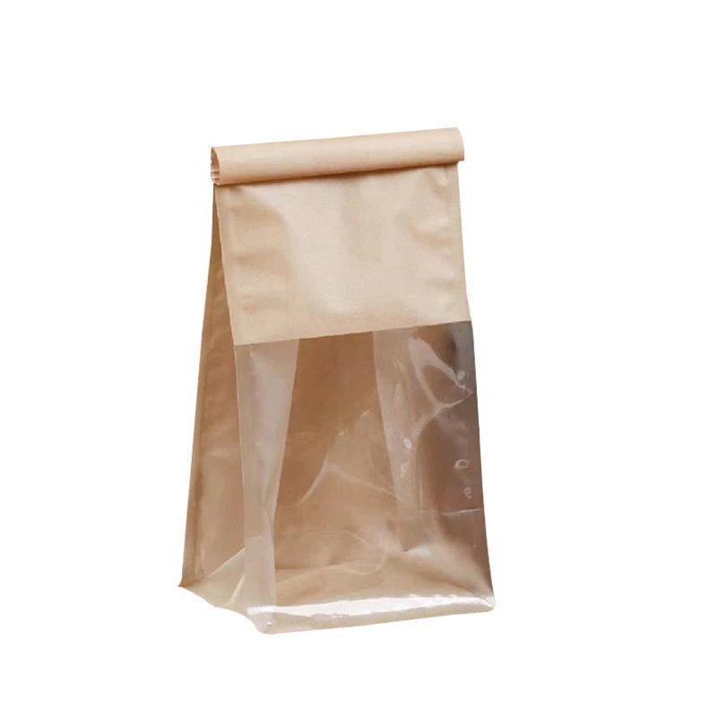 100x Kraft Paper Flat Bottom Cake Packaging Toast Bread Bags With Window Cowhide