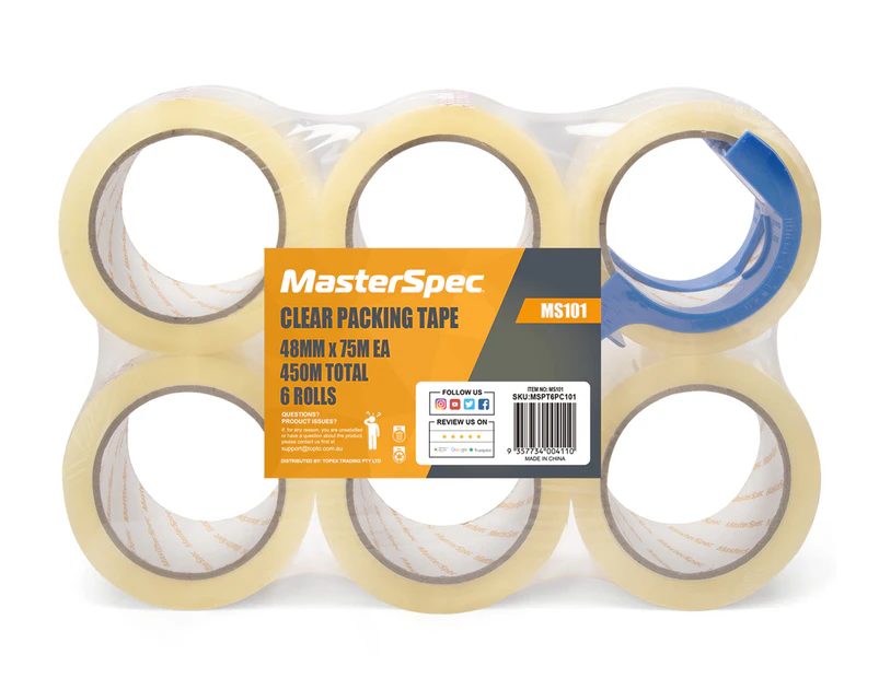 MasterSpec Clear Packing Tape - 6 Rolls, 450m Total Length, 48mm x 75m