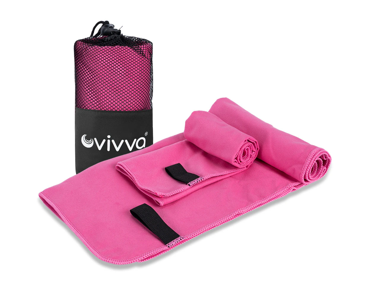 Vivva 2 Sizes Microfibre Towel Gym Towel 2pcs Set With Zip Pocket Storage, Hot Pink