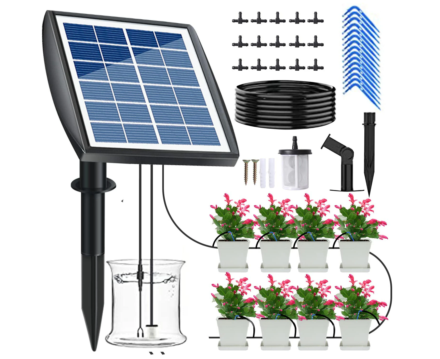 Automatic Drip Irrigation Kit,Solar Automatic Drip Irrigation System for Potted Plants,Support 15Pots, 6Timing Modes Plant Automatic Watering Devices