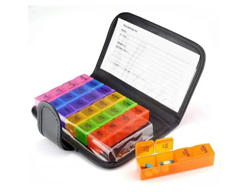 28Grids PU Leather Pill Case Portable 7 Days Weekly Pill Box for Purse with Storage Bag Notebook Pill Organizer Container
