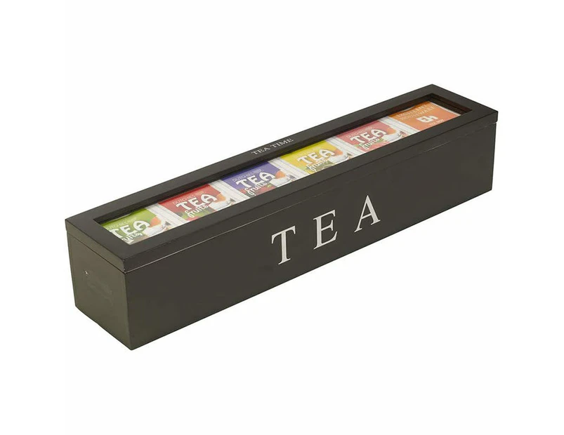 Toscano Tea Box Wooden with 6 Compartments for Tea Bags/ Small Items-Black