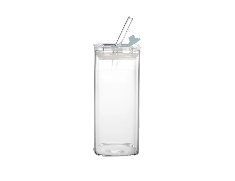 400ML Clear Glass Cup with Lid and Straw Square Glass Water Glass