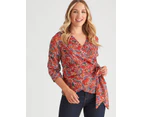 CROSSROADS - Womens Tops -  Ruched Sheer Sleeve Top - Red