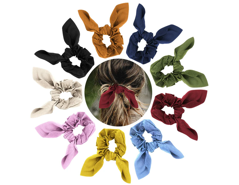 9 Pieces Bow Hair Elastics Scrunchies Bunny Ear Silk Scarf Scrunchies Bow Hair Scrunchies Ponytail Holder Scrunchy Ties Hair Bands for Women Girls