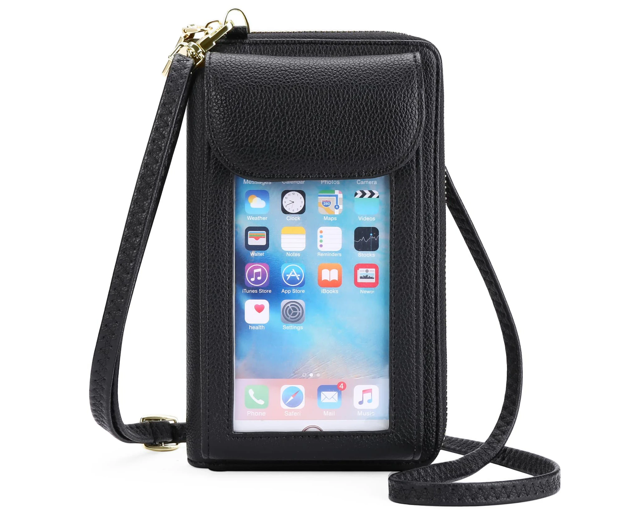 Crossbody Bags for Women, Pu Leather Cell Phone Bag, Small Cross Body Shoulder Bag with Shoulder & Wrist Strap Fits Phone Under 6.7 Inch Black