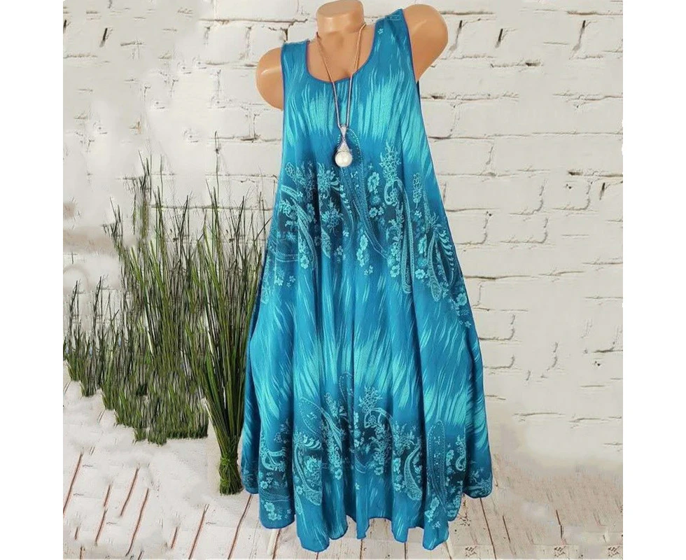 Ladies Boho Retro Floral Sleeveless Loose Fit Tank Dress Casual Holiday Beach Sundress - Blue