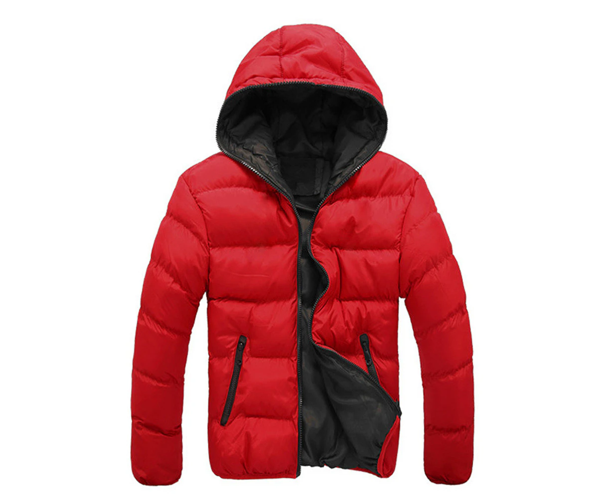 Men Jacket Puffer Bubble Coat Quilted Zip Up Padded Hooded Hoodie Hoody Outerwear - Red