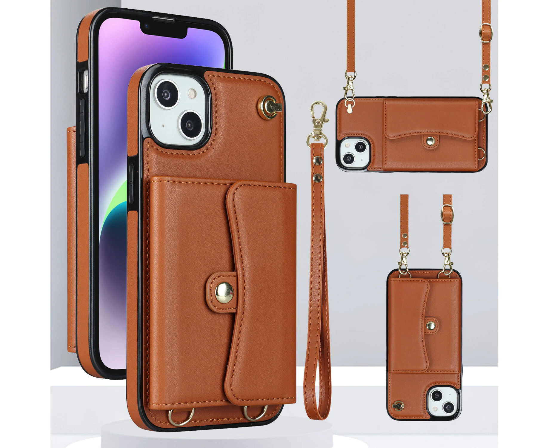 IPhone 15 Wallet Case With Card Holder, PU Leather Kickstand Card Slots Case-Brown