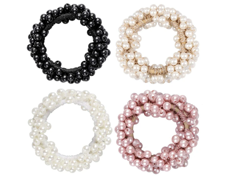 4 Pcs Pearl Hair Scrunchies, Elastic Hair Ropes Ponytail Holder Scrunchies Tightening Hairring for Women