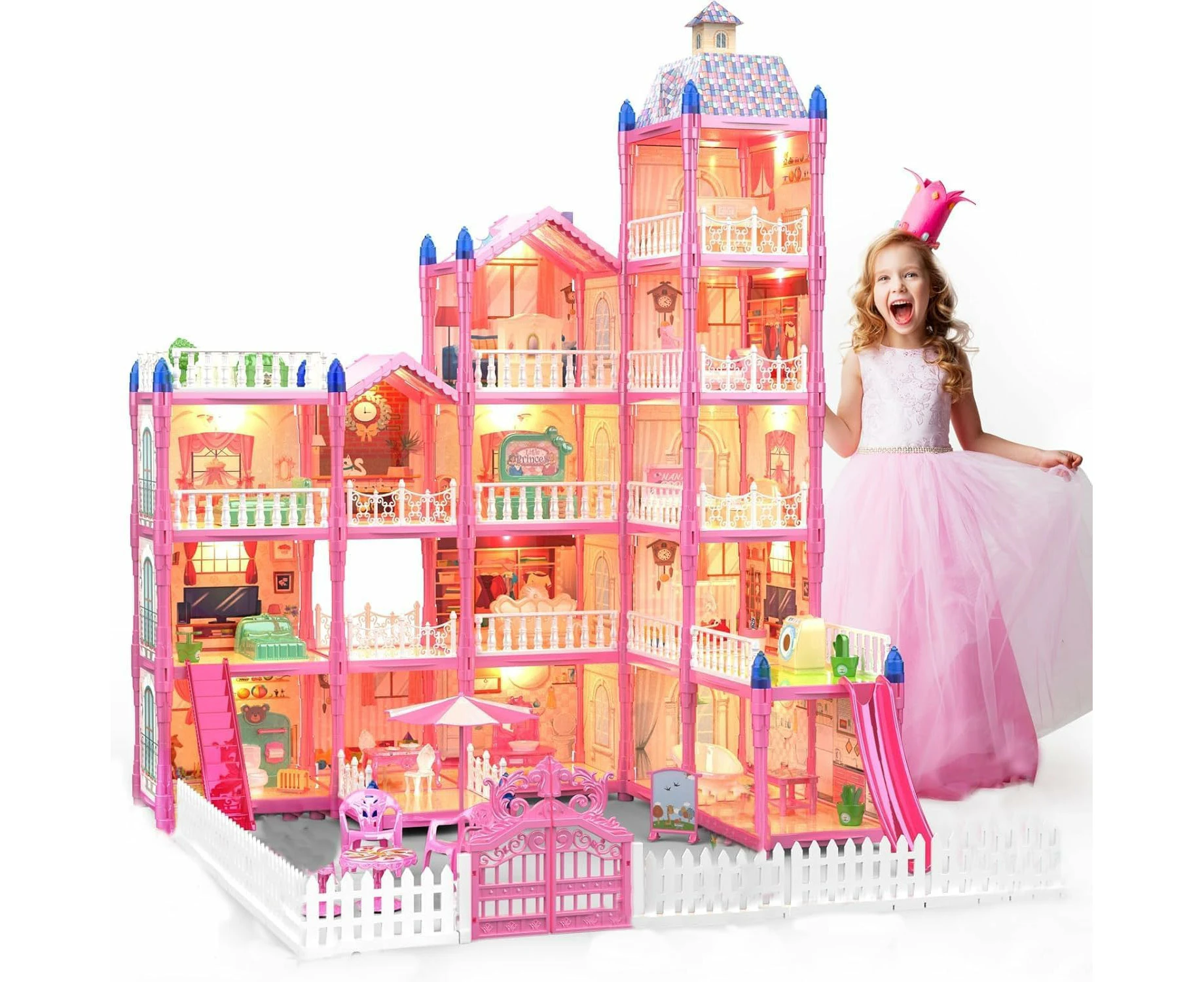 Big Doll House Girl Toys Dream Dollhouse,with Led Light, 5-Story 16 Rooms Playhouse with Furniture and Accessories Gift Toy for Kids