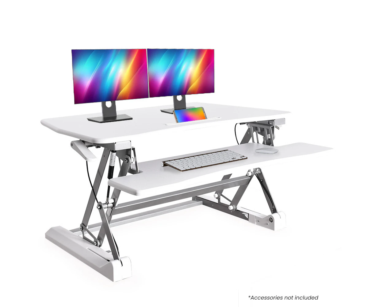 FORTIA Desk Riser 90cm Wide Adjustable Sit to Stand, for Dual Monitor, Keyboard, Laptop, White