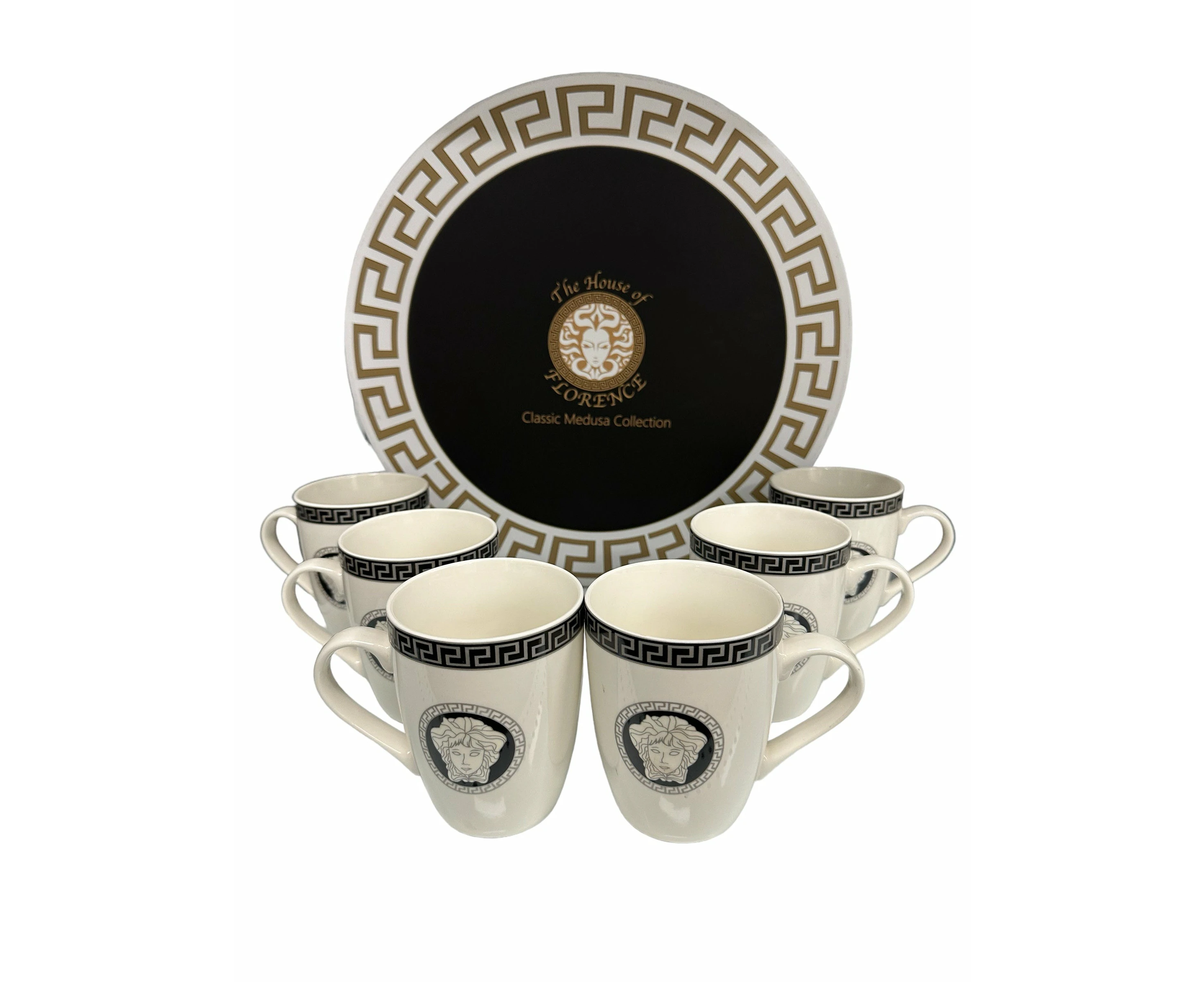 The House of Florence Medusa Classic 340ml Black and Silver Mugs Set of 6 with Gift Box