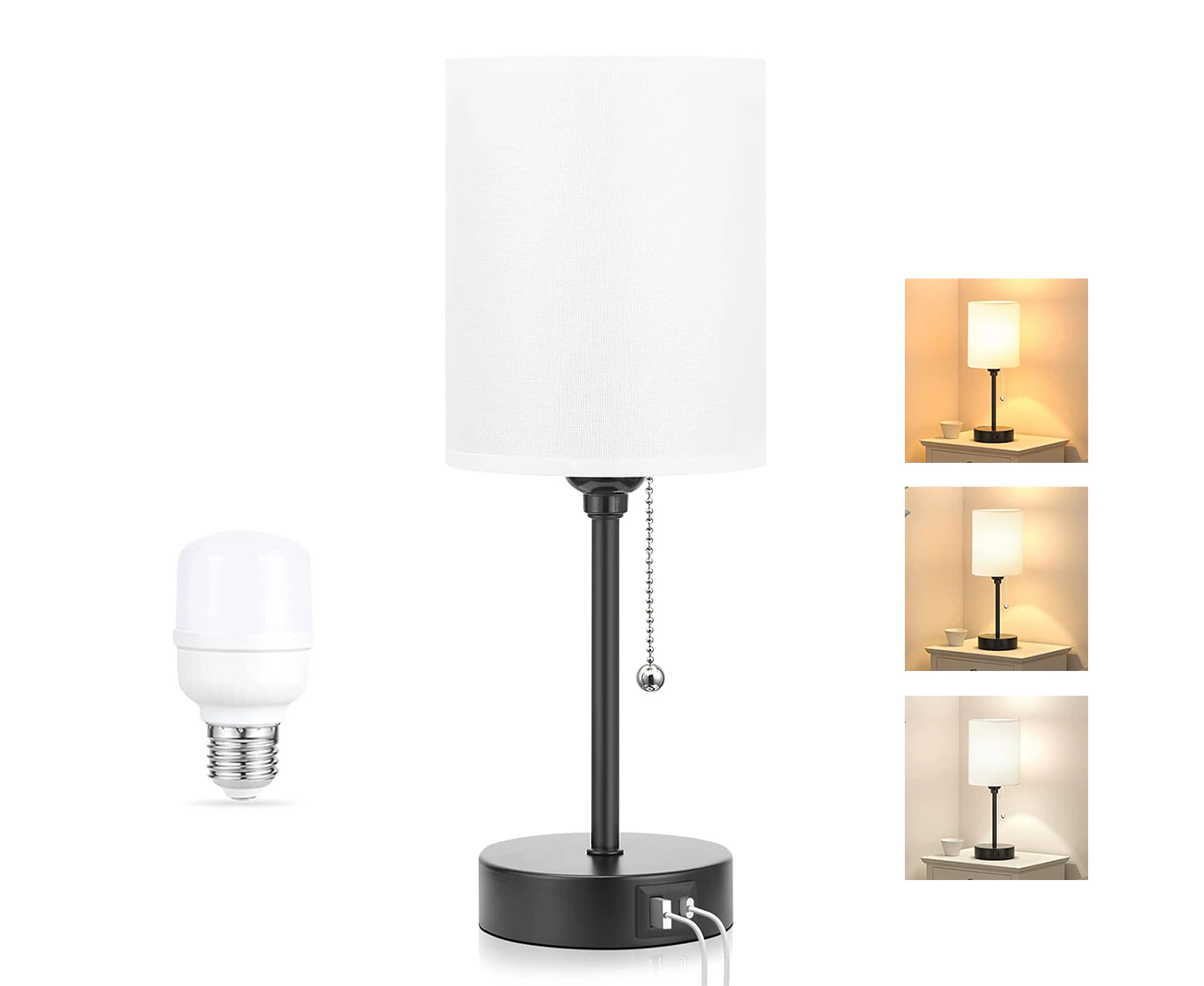 CLORA Bedside lamp Bedroom Table Light Nightstand USB Charging Pull Chain Home White Lampshade