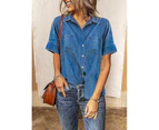 Strapsco Womens Denim Shirts with Pockets Short Sleeve Button Down Tops-Dark Blue