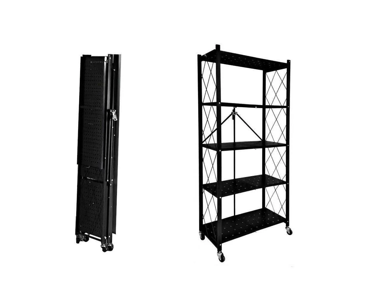 Foldable Shelf Metal Display Rack Bookshelf Kitchen Shelves Wheels Storage