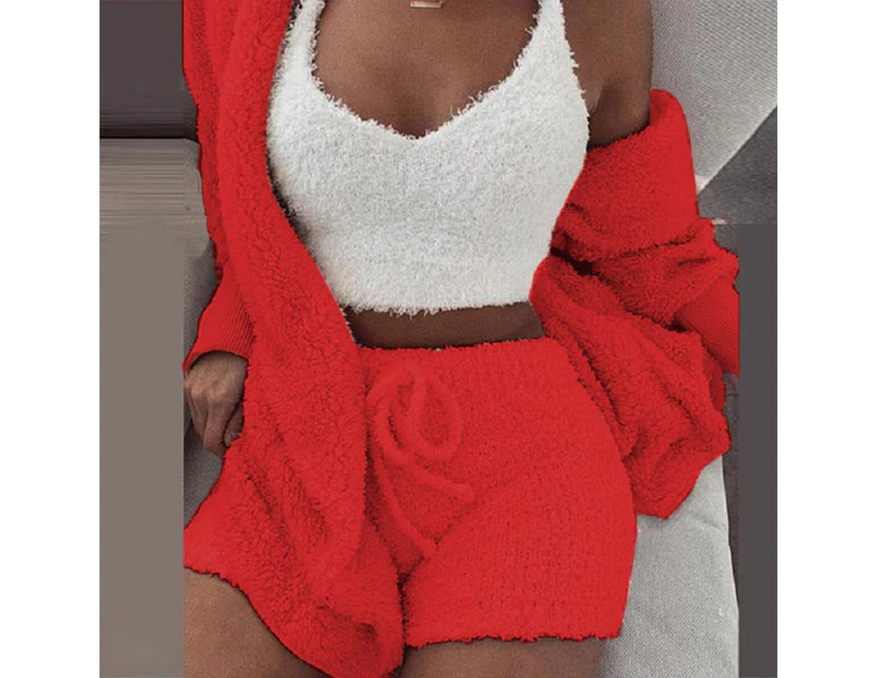 Womens Fleece Fluffy Fur Coat with Vest and Shorts Pajamas Set Pyjamas Loungewear Nightwear - Red