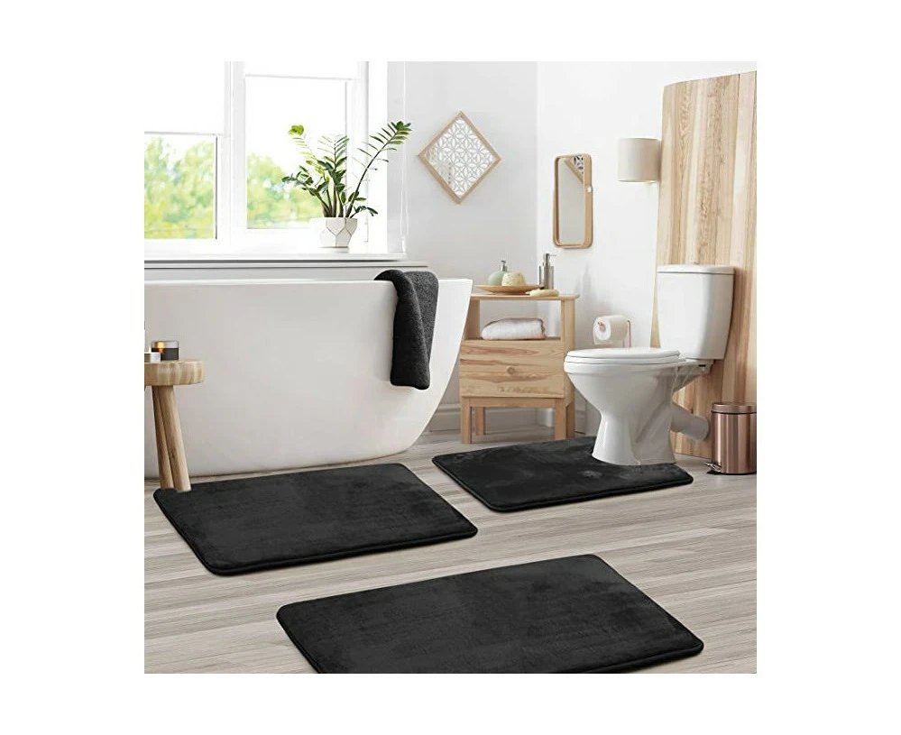 Bathroom Mat Set, Bathroom Non-Slip Absorbent Mat 3 Piece Set, Floor Mat and U Contour Mat and Toilet Cover Set for Bathroom-black