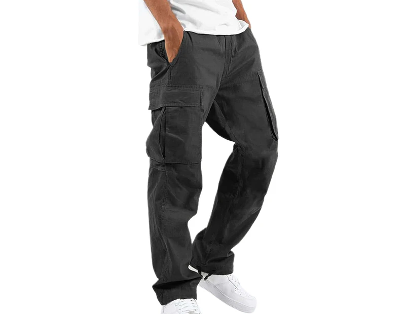 Men's Work Trousers Combat Multi Pockets Cargo Elasticated Stretch Waist Long Pants - Black