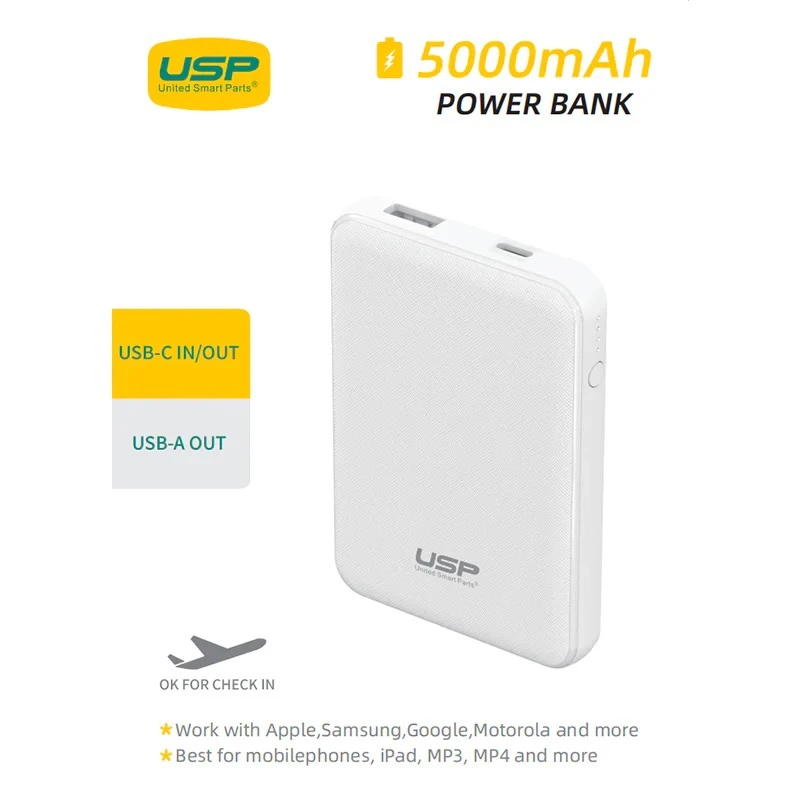 USP Mini 5K mAh Power Bank (18.5W) with Dual Ports (USB-C + USB-A) White - LED Power Indicator, Fast & Safe,Intelligent Charging