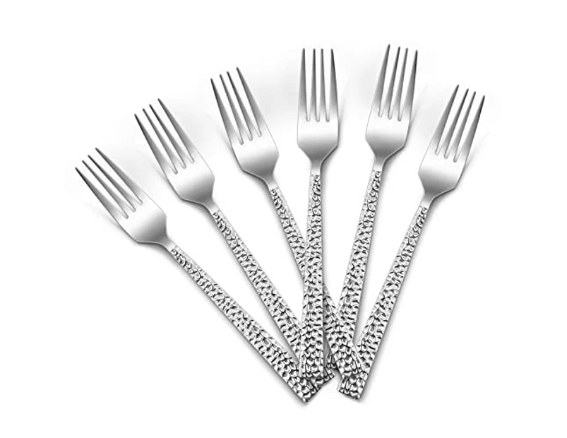 Stainless Steel Dinner Forks Pack of 6 Large Table Silver Forks with Square Hammered Handle