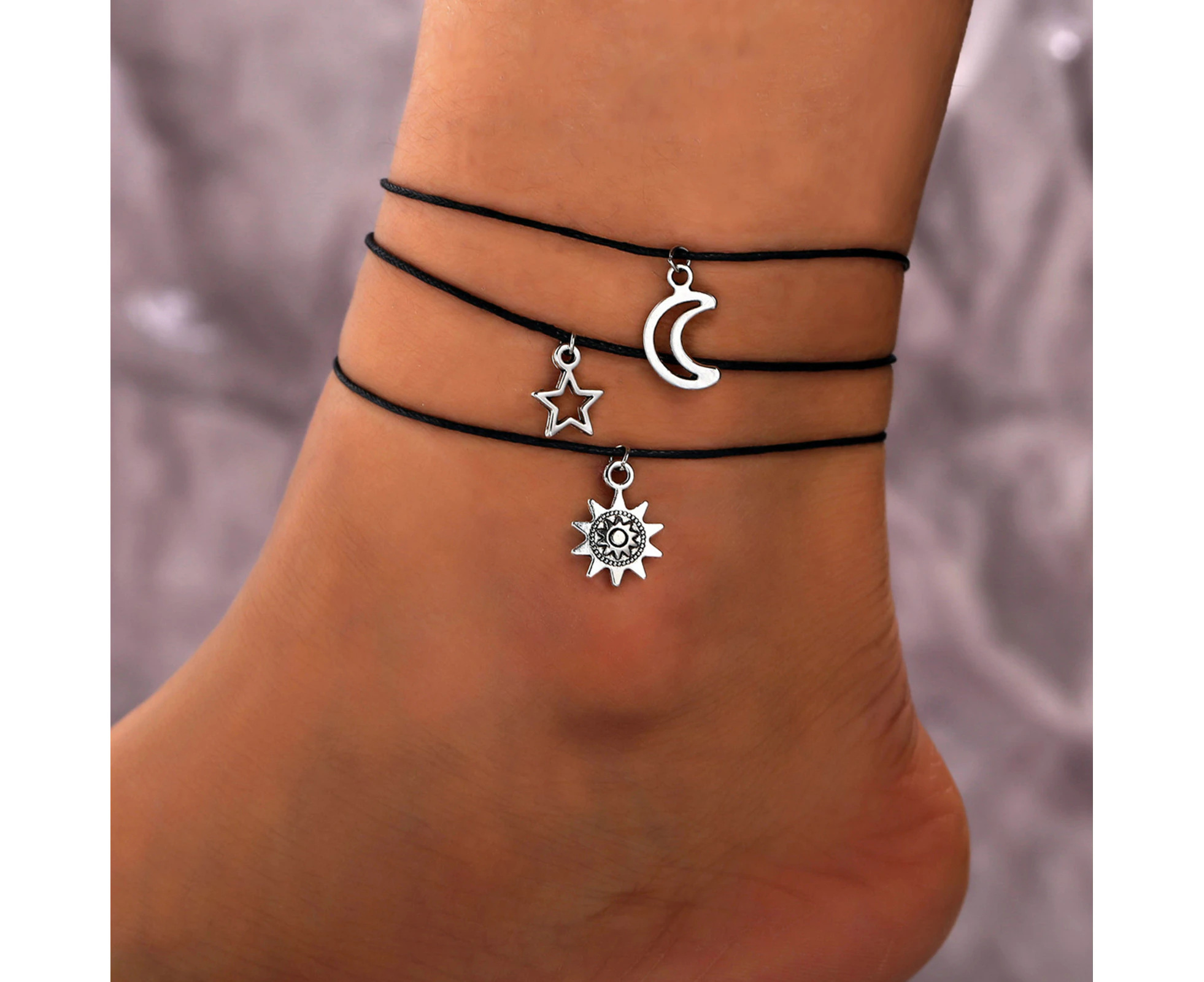 3Pcs/Set Women Anklets Sun Star Moon Exquisite Jewelry All Match Lightweight Bohemian Ankle Bracelet for Beach Black