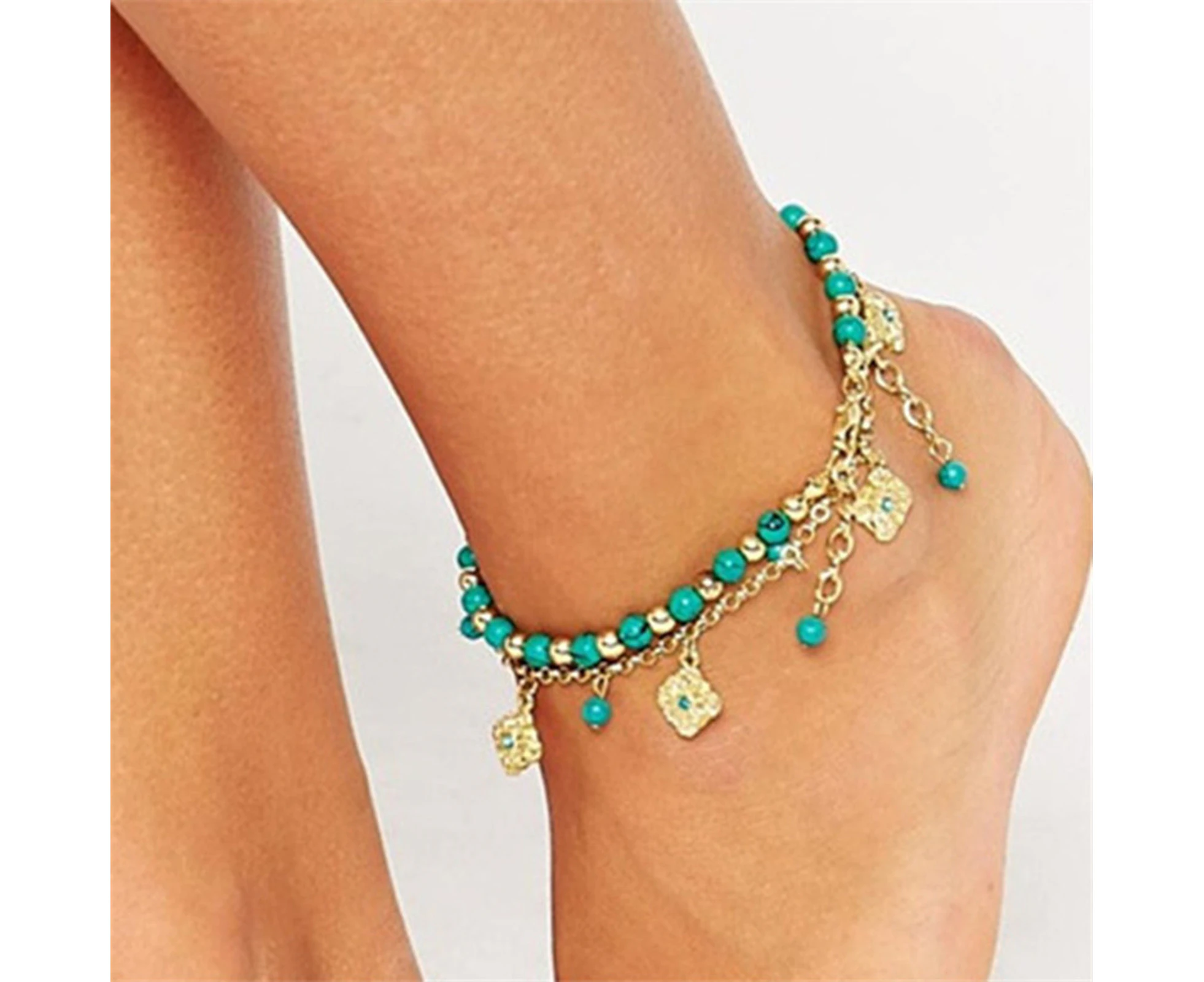 2Pcs/Set Ankle Bracelet Faux Crystal Adjustable Alloy Bohemian Faux Turquoise Bead Beach Anklet for Beach