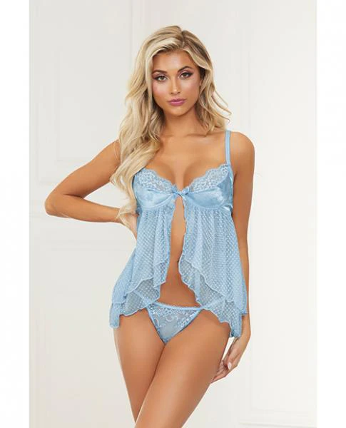 Satin Jacquard Dot Mesh Scallop Lace Babydoll & G-string Blue Lg