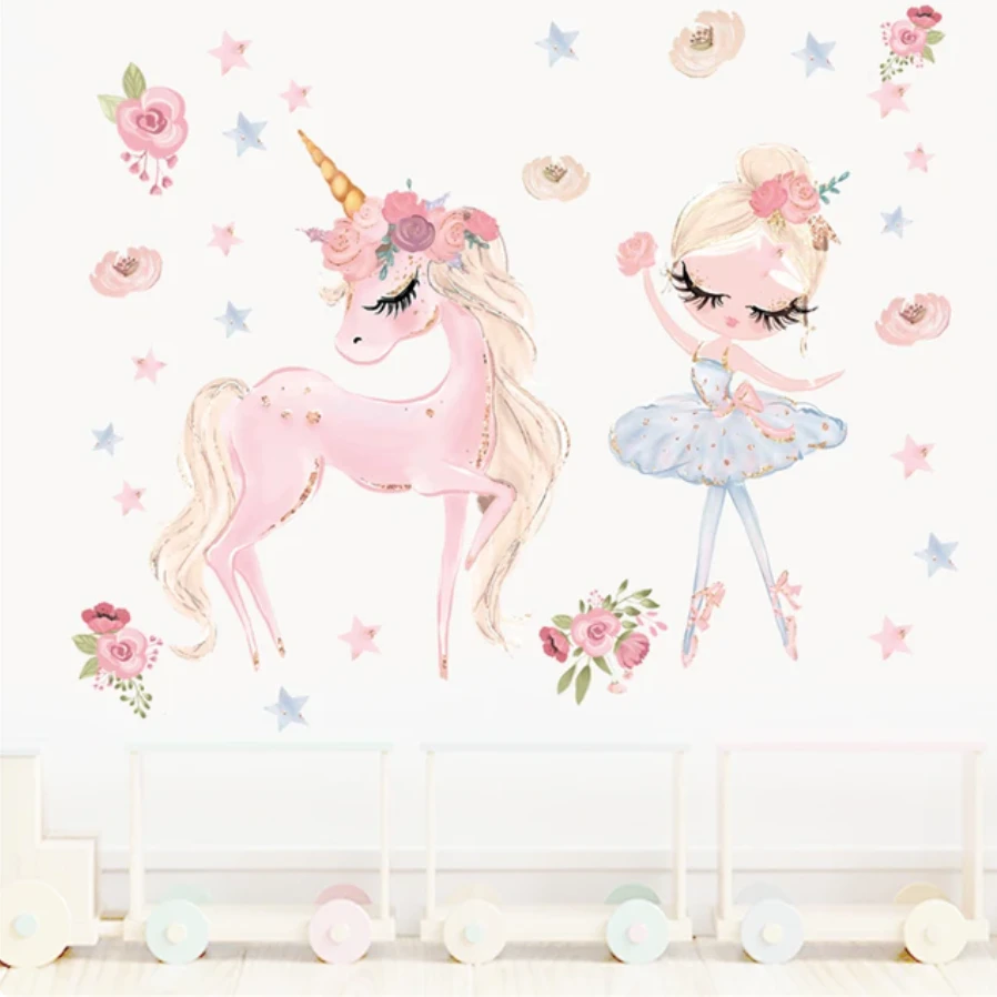 PRINCESS BALLERINA & UNICORN FLOWERS DANCING ROSES 3D WALL STICKER MURAL ART Decal