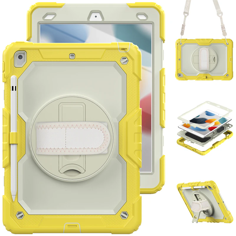 WASSUP iPad 7th/8th/9th Gen 10.2 inch Drop Protection Case With Screen Protector 360 Rotating Hand Strap Stand & Shoulder Strap-Beige&Yellow