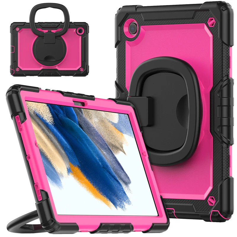 WASSUP Samsung Galaxy Tab A8 10.5 inch 2022 Full-Body Shock Proof Case With Screen Protector 360 Degree Handle Ring Folding Stand-RoseRed&Black