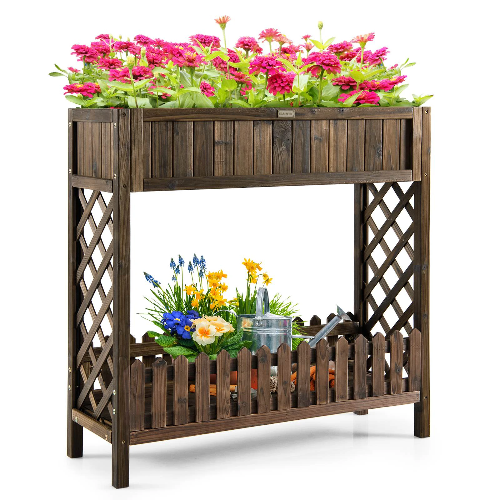 Costway 2-Tier Raised Garden Bed Planter Box Stand w/Shelf Carbonized Fir Wood Outdoor Garden Kit