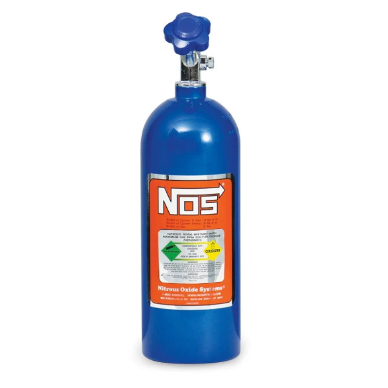 NOS Nitrous Bottle 5-lb (Electric Blue) 16.75" x 5.25" dia With Hi-Flo Valve