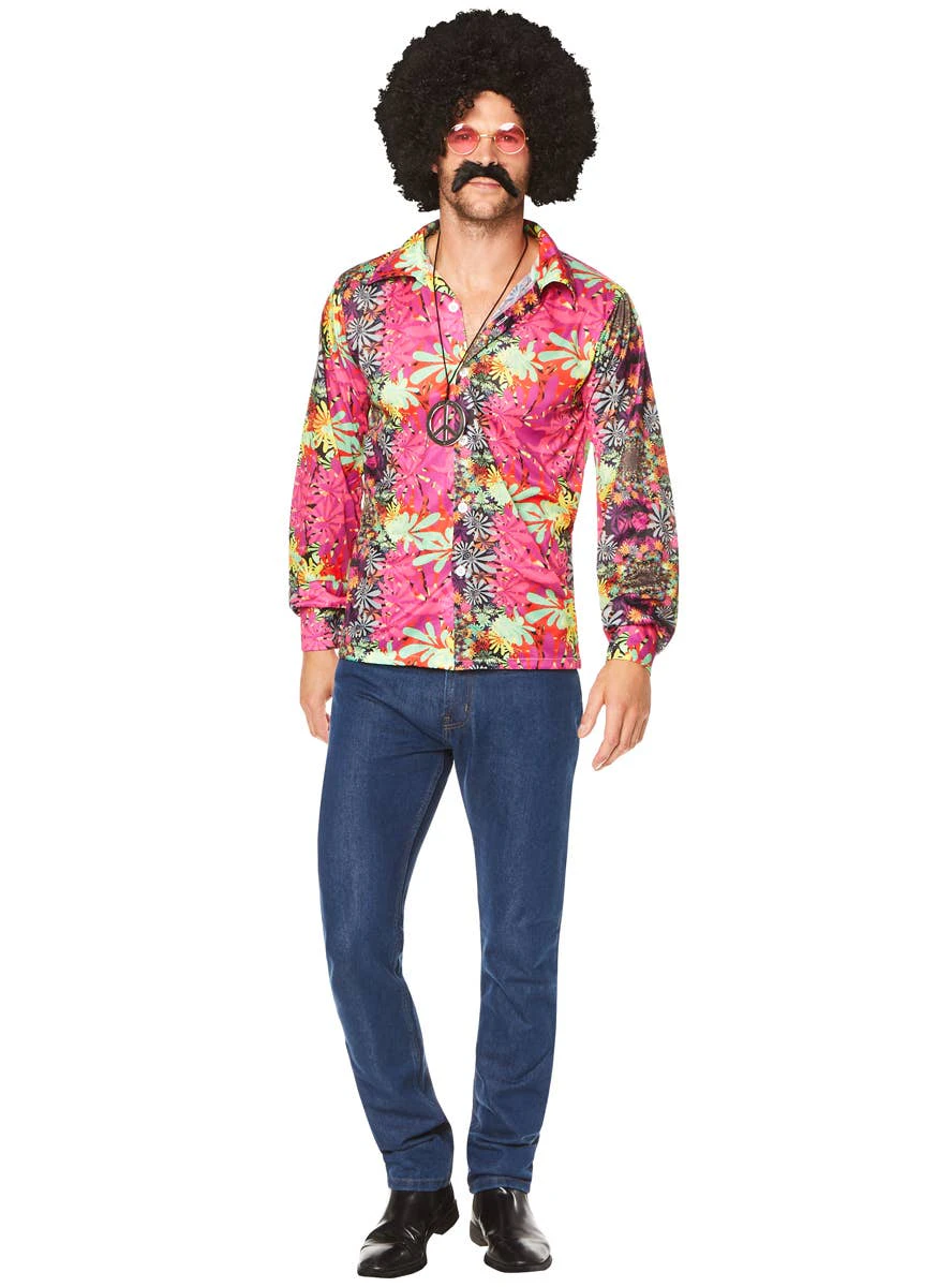 Flower Power Mens Pink 70s Hippie Costume Shirt Mens