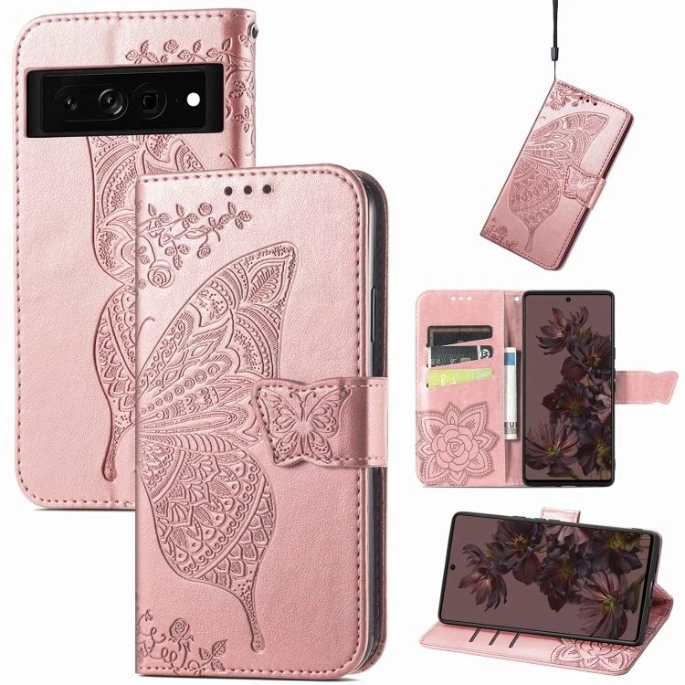 For Google Pixel 7 Pro Case, Butterfly Embossed PU Leather Wallet Folio Cover, Stand, Rose Gold