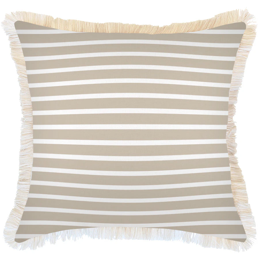 Cushion Cover-Coastal Fringe-Hampton Stripe Beige-60cm x 60cm