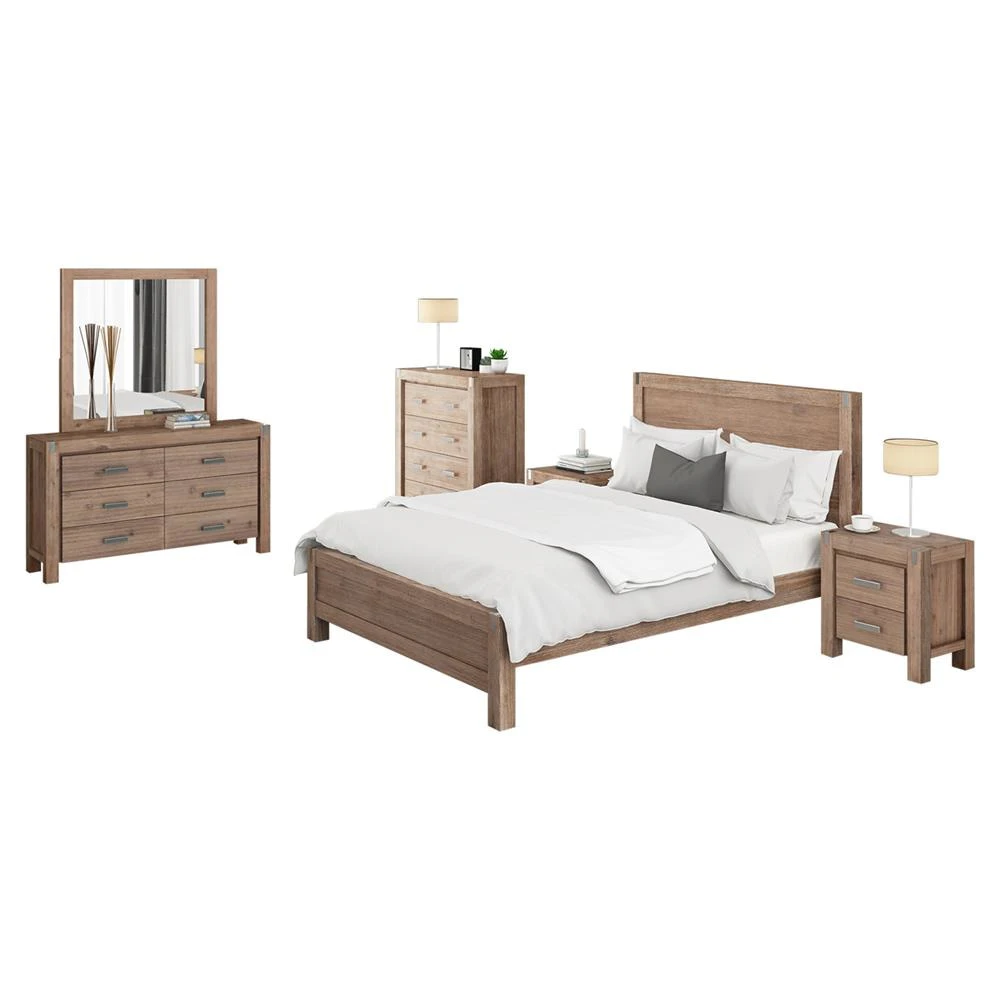 5 Pieces Bedroom Suite in Solid Wood Veneered Acacia Construction Timber Slat King Size Oak Colour Bed, Bedside Table , Tallboy & Dresser