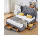 Design Square Modern Fabric Bed Frame W/ 4-Drawers Storage Double Size - Dark Grey